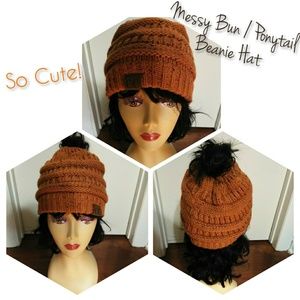 Messy Bun / Ponytail Beanie Hat Rust Orange